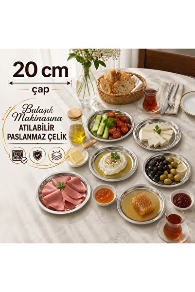 CHANCE GİFT Stainless Steel Serving Plate Breakfast Snack Plate 6 Pieces Roun...