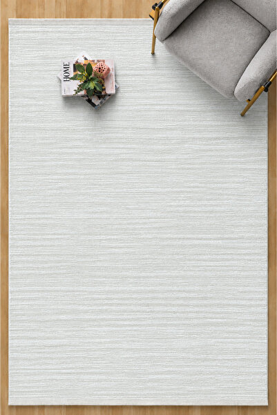 SARAZ HALI Bambum Soft 1002 Beyaz Düz Desen Modern Bambu Saten Kaymaz Taban Y...