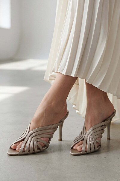 Modezya Carter Beige Satin Ankle Strap Pointed Toe Women's Heeled Shoes