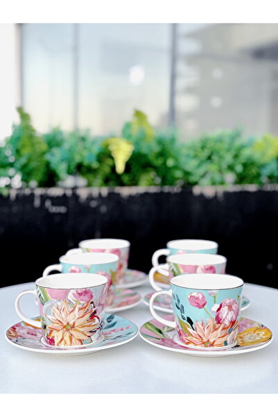 Lucky Art Peony Desenli 6 lı Bone China Porselen Kahve Fincanı seti 100 ml