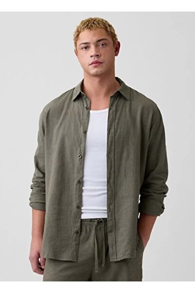 GAP Keten Karışımı Standart Fit Gömlek 887952 Erkek Gömlek HAKİ