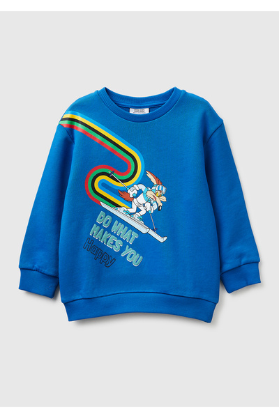 United Colors of Benetton سويت شيرت للأولاد بياقة دائرية وطباعة زرقاء وتفاصيل...