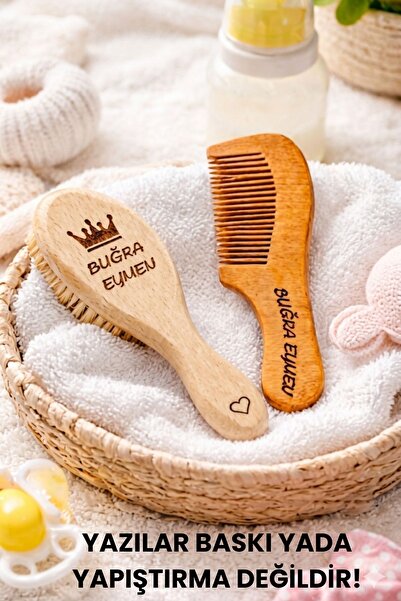 Name Custom 100% Real Goat Hair Natural Fluffy Baby Hair Brush And Natural Wood Comb Set