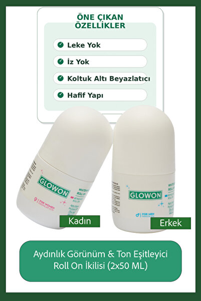 GLOWON Kadın & Erkek Leke Karşıtı ve Koltuk Altı Beyazlatıcı Roll On Seti (2x...