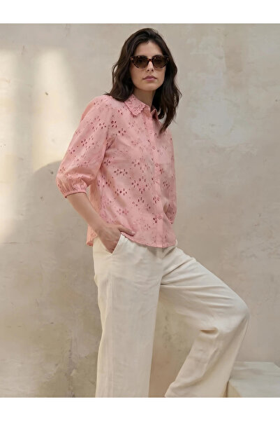 Styli Pink Floral Embroidered Shirt with Lace Collar