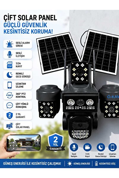 O-KAM PRO OKAM 332 PREMIUM 4 Lensli Çift Solar Panelli SIM Kartlı Güvenlik Ka...