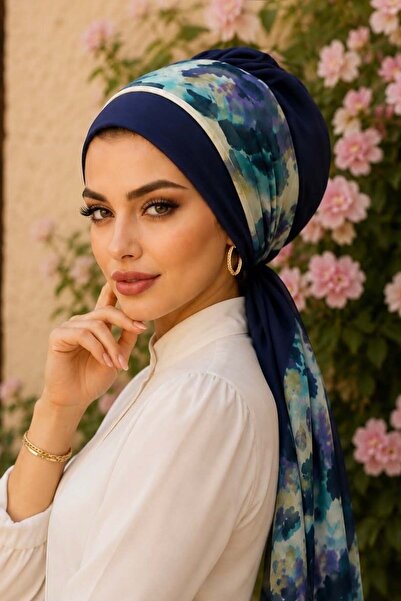 Aişe tesettür قبعة وشاح بنمط الباتيك باللون الأزرق الداكن