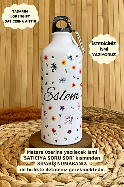 Loren Gift Kişiye Özel İsimli Kancalı Alüminyum Suluk Matara Floral Düşler 60...