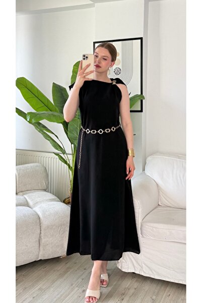 S&A Collectionn Rochie maxi lungă, evazată, cu mâneci zero, curea cu lanț și ...