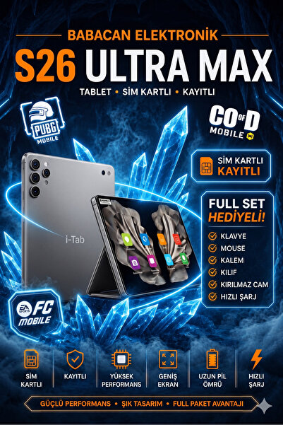 İ-TAB S26 Ultra Max Tablet - 16GB RAM - 1TB Hafıza | Sim Kartlı | Klavye Mouse Kalem Kılıf Full Set