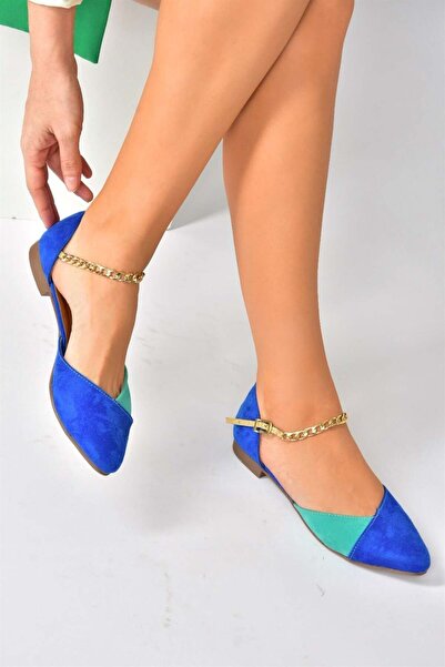 Fox Shoes حذاء باليه نسائي من ساكس باللون الأزرق/الأخضر المائي مع تفاصيل سلسل...