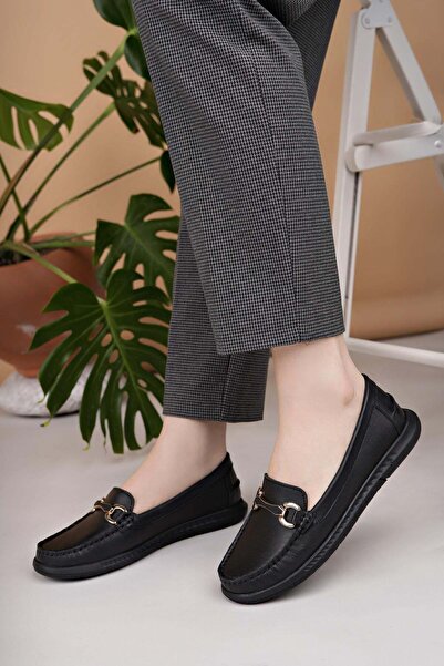 Nesil Shoes Eliz 24103 Black Genuine Soft Leather Rok Casual Women's Shoes