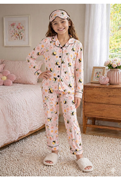 ARB Kız Çocuk Arı Desenli Düğmeli Pamuklu Uzun Kollu Pijama Takımı