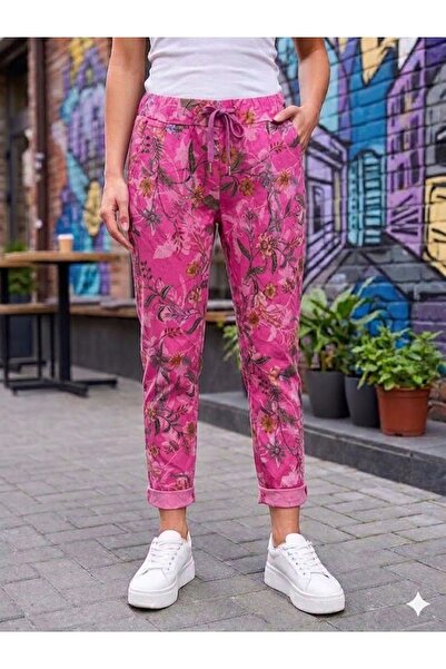 AYASOFYA OTANTIK Women's Pink Italian Tie Waist Flower Patterned Skinny Leg S...