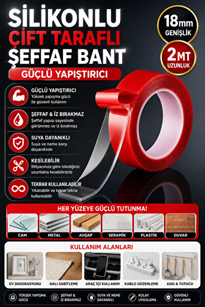 ANI OFİS KIRTASİYE A K Şeffaf Çift Taraflı Nano Bant–2 Metre 18mm İz Bırakmaz...