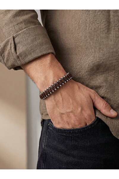 Parmas Design Steel Drop Leather Plate Wrapped Men's Premium Gift Bracelet 01843