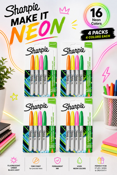 Sharpie 4 Packs 16 Fine Point Permanent Markers Neon Colors Fluorescent Under...