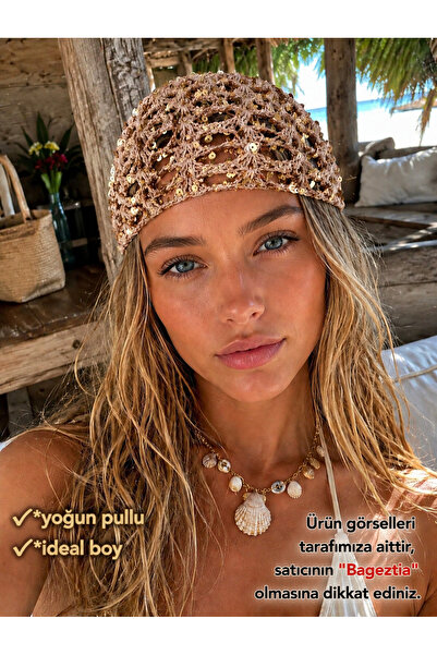 Bageztia Pullu Bere Gold, yoğun pullu file şapka,file bere,kroşe bere