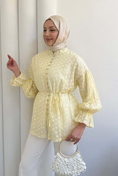 Modaensarbutik Vual Kumaş Çiçek Desenli Önü Düğmeli Gömlek-SARI