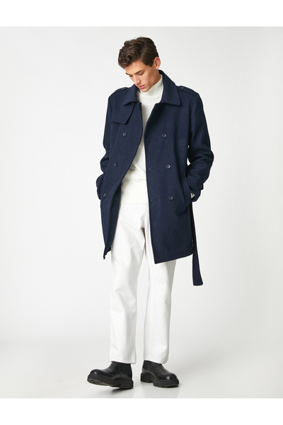 Koton Buttoned Cashmere Coat Belted Pocket Detailed