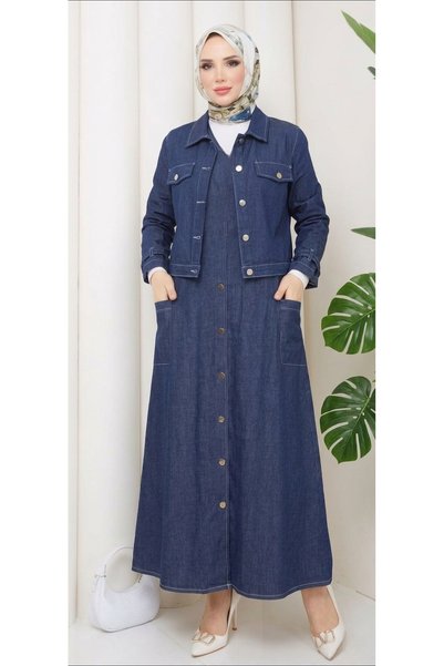 Eseyti Women's Hijab Denim Gileti Set - Denim Jacket and Long Gileti Dress Two-Piece Set