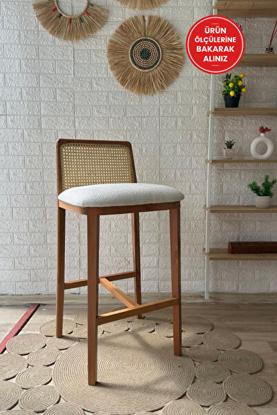 silla Ross Bar Sandalyesi Teddy Krem Kumaş Hasırlı Bar Sandalyesi Naturel Ahş...