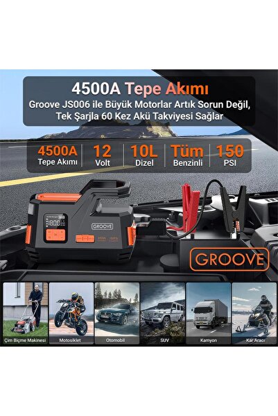 Groove JS006 29200mAh 4500A Akü Takviye Cihazı +Lastik Şişirme Kompresörlü Taşınabilir Jump Starter