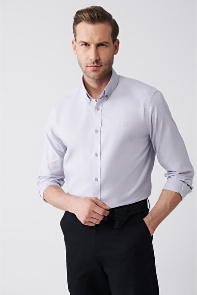 Avva Men's Light Gray Oxford 100% Cotton Buttoned Collar Shirt B 002003