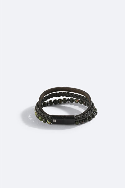Avva Men's Khaki Leather Ceyt and Hematite Stone Bracelet A42Y9614