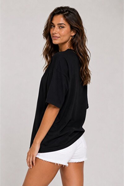Lizbon Style Kadın Oversize %100 Pamuk Basic Rahat Kalıp T-Shirt - Siyah