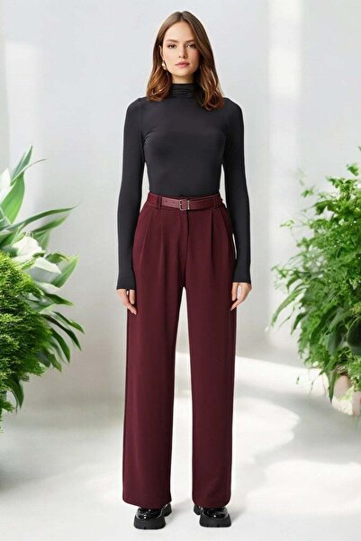 HAKKE Women's Belted Lycra Black Palazzo Pant