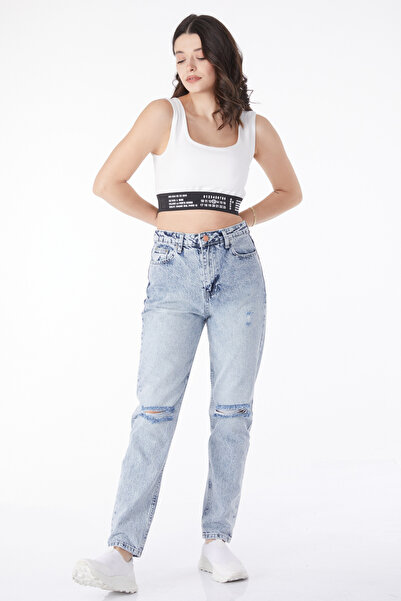 TOFİSA Pantaloni din denim pentru femei, model Straight Medium, albastru ghea...