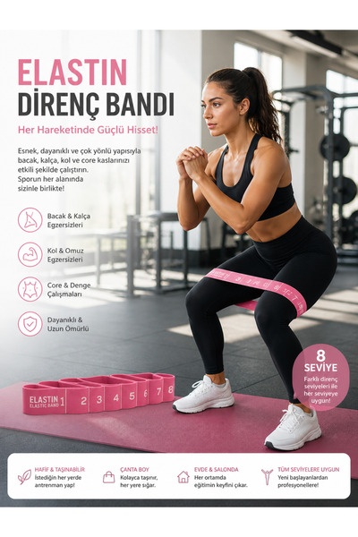 Coco Dilek Pembe 8 seviyeli direnç bandı,spor egzersiz,aerobik pilates,squat ...