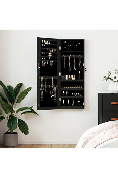 Concept Dulap de bijuterii cu oglindă de perete, negru, 37,5x10x106 cm