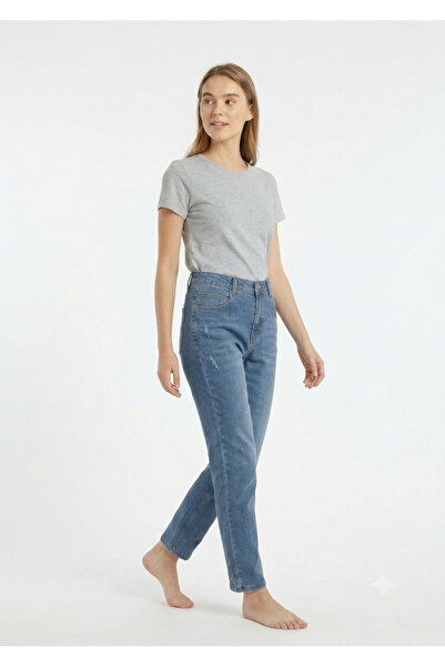 Noom Nightwear Women's High Waist Straight Leg Denim Pants in Distressed Ligh...