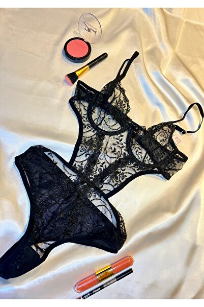 ARONA Çiçek Desenli Dantelli Borde Transparan Bodysuit
