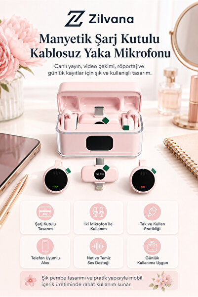 Zilvana Sorixa Manyetik Şarj Kutulu Kablosuz Yaka Mikrofonu Type-C & Lighting...
