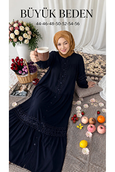 AZRA BUTİK Lavinya Patterned Guipure Dress Navy Blue