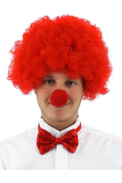 evimdeyokyok Red Color Curly Afro Bonus Wig Toupees Hair and Red Nose Set