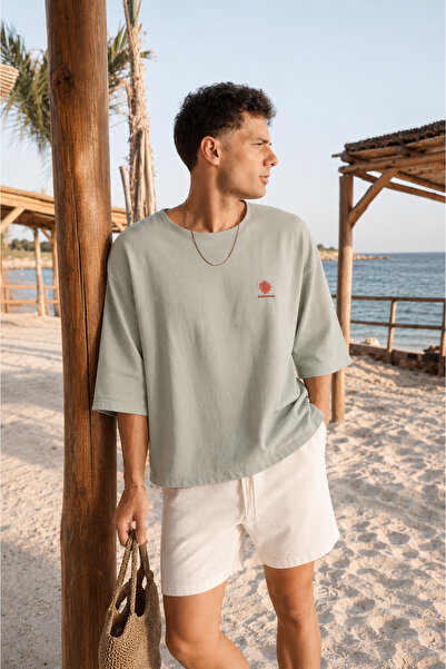 no7man Casablanca Alaçatı Sea Green Oversize Fakir Sleeve Men's Tshirt