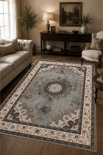 Classic Patterned Gray Printed Carpet Machine Washable Anti-Slip Living Room Living Room and Runner Carpet