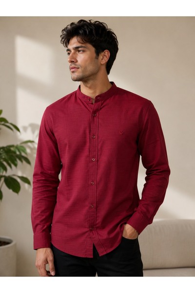 EMPEROR APPAREL Erkek Bordo Uzun Kollu Armürlü Hakim Yaka Müslin Gömlek