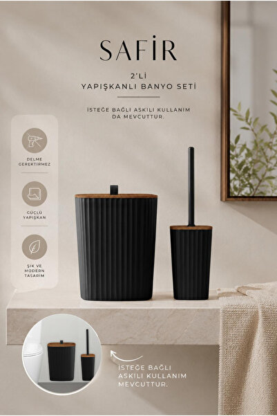 Okyanus Home Safir Yapışkanlı Ahşap Detaylı Wc Fırçalık ve Çöp Kovası Seti Si...