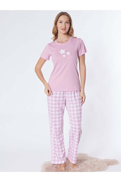 Alperi Women's Summer Short-Sleeved Plaid Patterned Pajama Set 78-102
