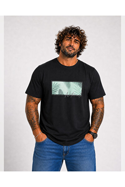 Starbattal Men's Large Size Crew Neck T-Shirt Natural 26134 Black