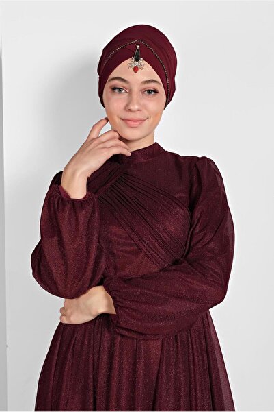TRENDTESETTÜR KADIN BORDO PİLİSELİ SİMLİ ABİYE ELBİSE 9910