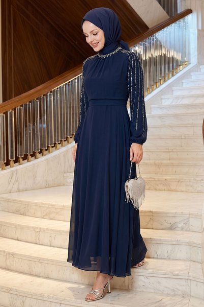 InStyle Stoned Sleeves Sequined Navy Blue Chiffon Evening Dress