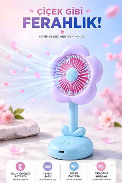 Kensa Işıklı Çiçek Tasarımlı Mini Fan Mavi 3 kademeli Masaüstü Vantilatör