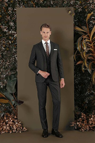Efor Slim Fit Mono Yaka Yünlü Kahverengi Yelekli Takım Elbise TK 880