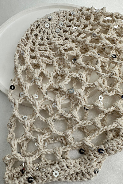 Modex Bone Color Sequined Knitted Hairnet Beanie